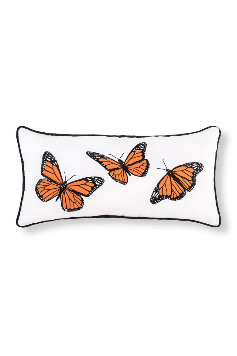 Monarch Buttery Trio Embroidered Small Petite Throw Pillow, 10" x 20", Main, color, White