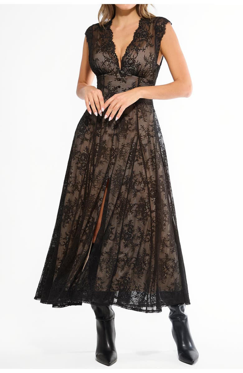 Popilush Shapewear Boho Floral Lace Front Slit Maxi Dress, Alternate, color, Black