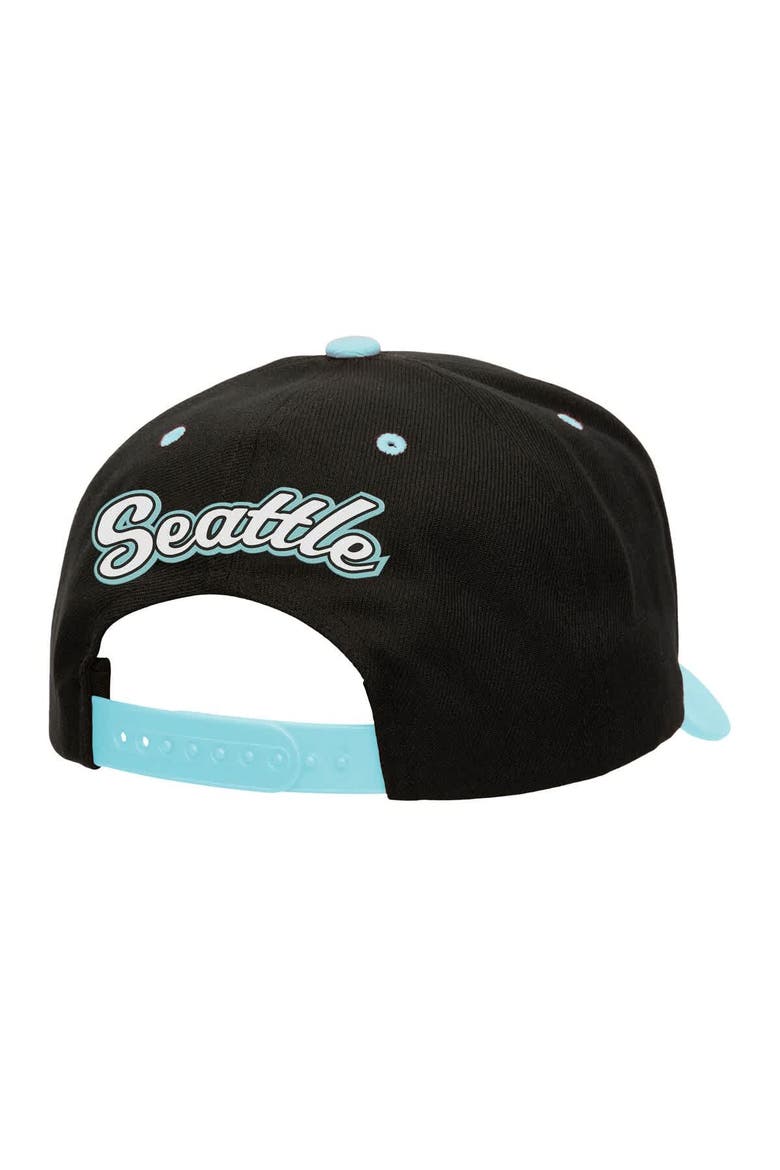 Men's Mitchell & Ness Black/Light Blue Seattle Kraken Backside Script Two-Tone Pro Crown Adjustable Hat, Alternate, color, Black