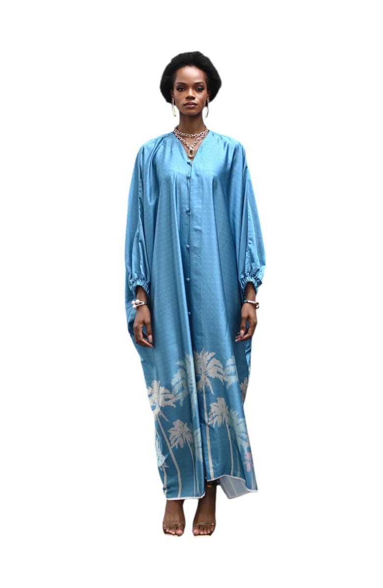 Flaunt Archive Azure Palm Print Caftan, Alternate, color, Blue