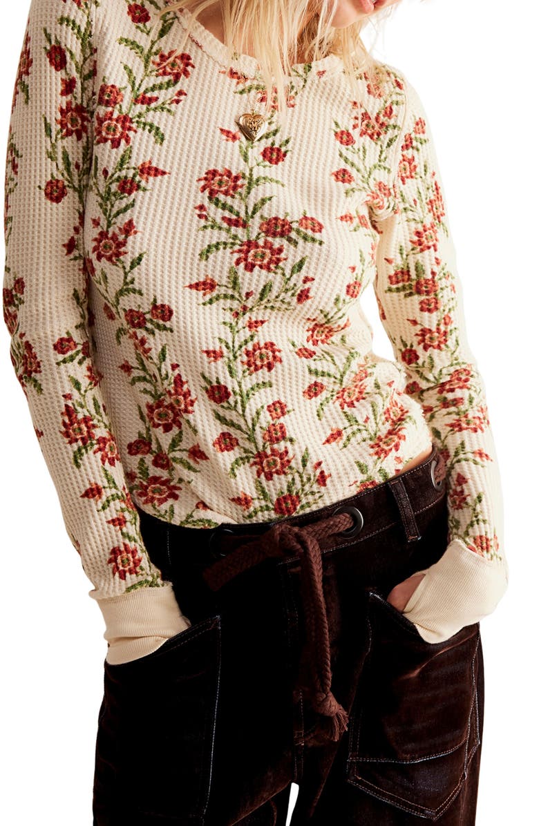 Free People Pretty Little Thermal Stitch Top, Main, color, Sand Combo Folk Vine