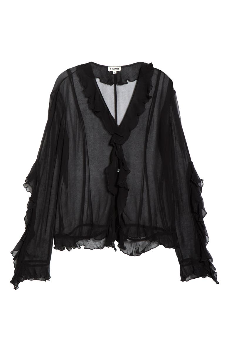 STAUD Kellcy Sheer Ruffle Sleeve Top, Main, color, Black