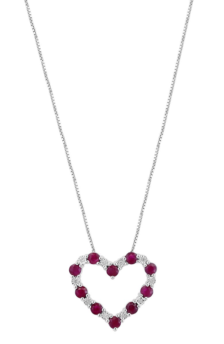 EFFY Sterling Silver Diamond & Ruby Heart Pendant Necklace - 0.04ct., Main, color, Red