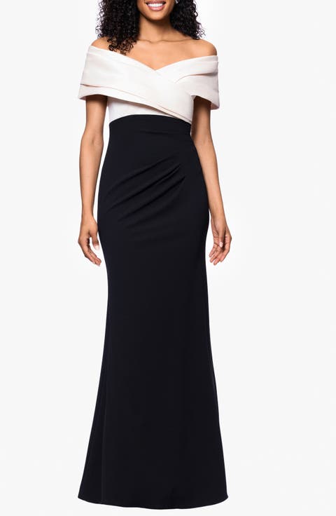 Off the Shoulder Scuba Crepe Gown.