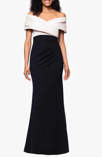 Betsy & Adam Off the Shoulder Scuba Crepe Gown.