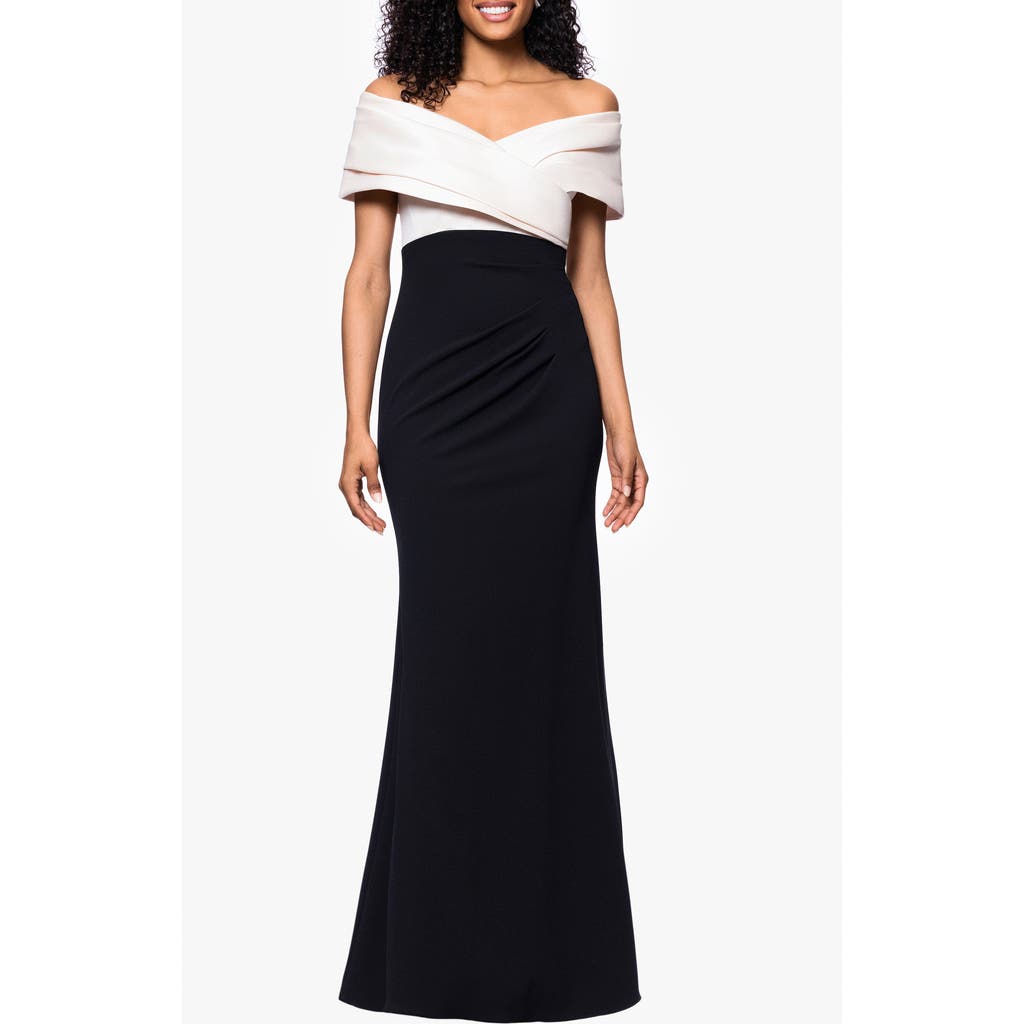 BETSY & ADAM BETSY & ADAM OFF THE SHOULDER SCUBA CREPE GOWN.