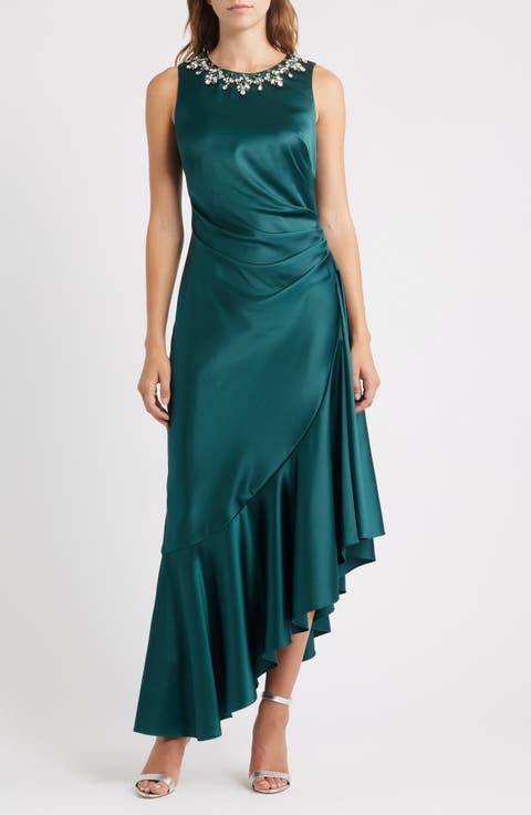Embellished Neck Sleeveless Stretch Satin Cocktail Dress