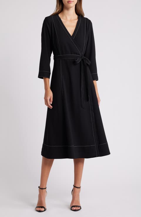 Contrast Stitch Long Sleeve Faux Wrap Dress