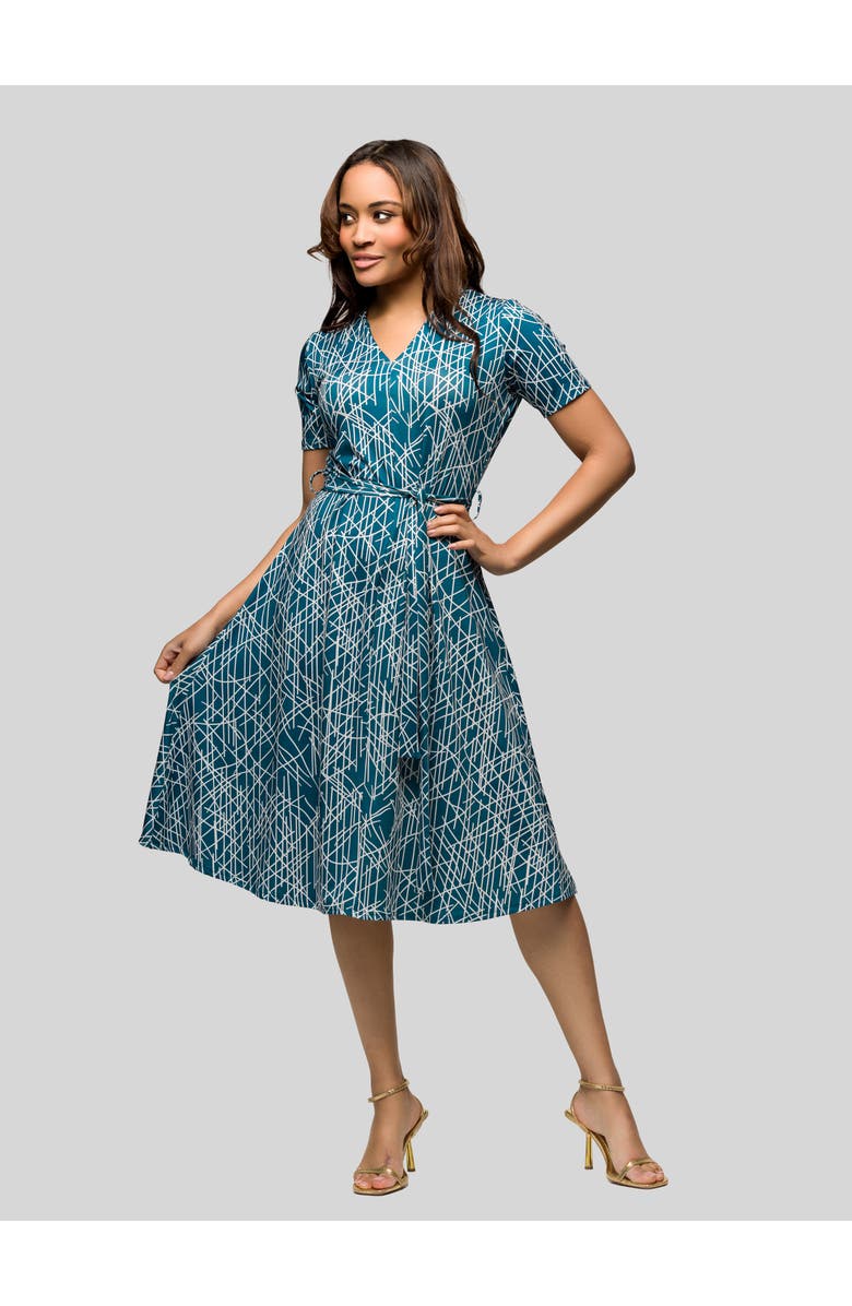 24seven Comfort Apparel Teal Print Short Sleeve Tie Waist Midi Dress, Main, color,