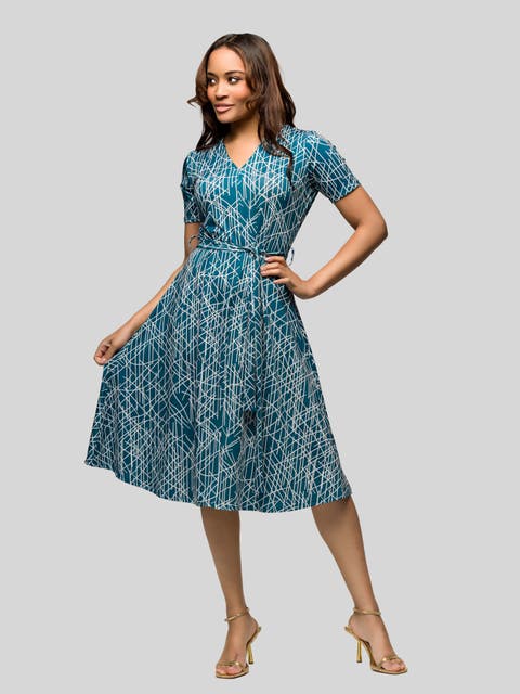 Teal Print Short Sleeve Tie Waist Midi Dress