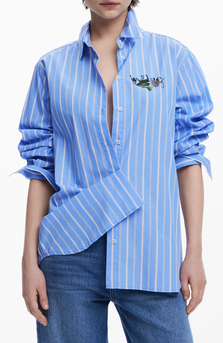 Desigual Stripe Cotton Graphic Button-Up Shirt, Main, color, Light Blue