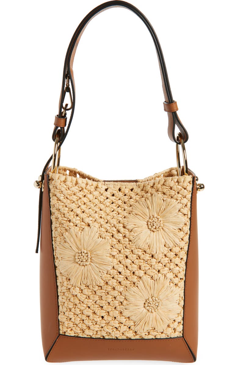 Strathberry Midi Lana Woven Raffia & Leather Bucket Bag, Main, color,