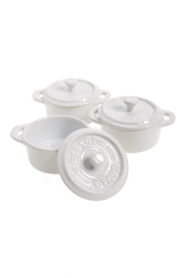 Set of 3 Mini Round Ceramic Cocottes, Main, color, WHITE