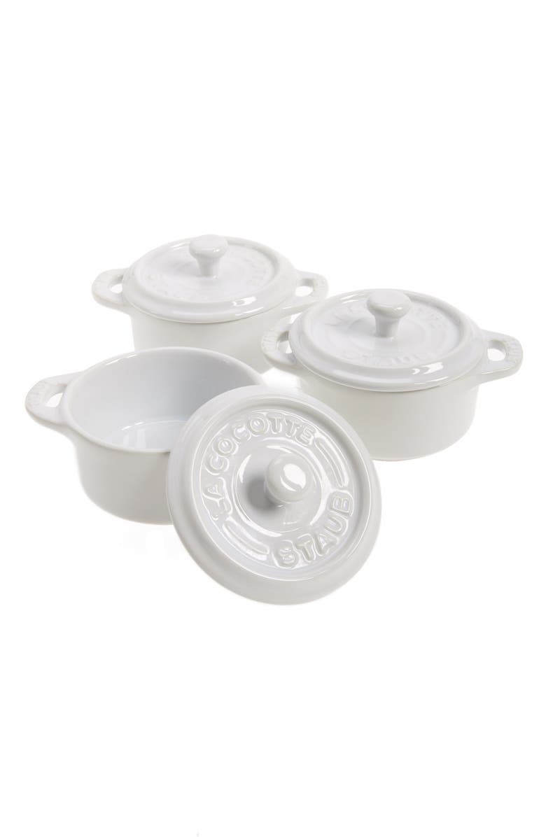 Staub Set of 3 Mini Round Ceramic Cocottes, Main, color, White
