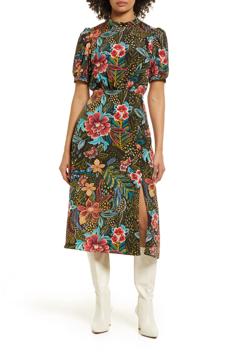 Floral Print Tie Neck Midi Dress, Main, color, BLACK MULTI