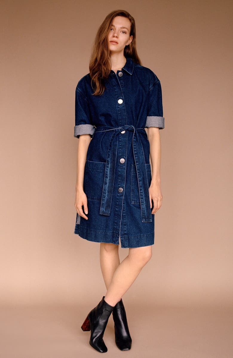 Topshop Belted Denim Jacket, Alternate, color, 