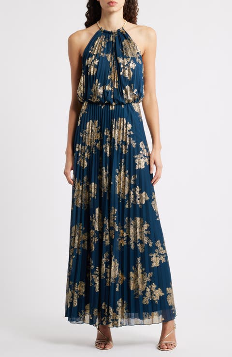 Pleated High Neck Maxi Dress