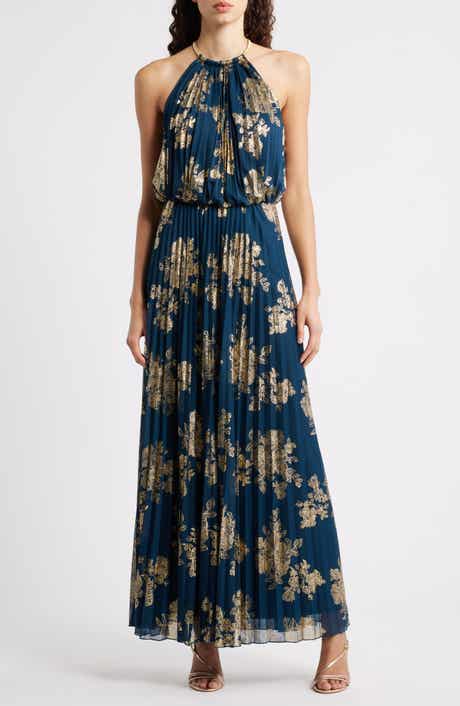 Halogen® Pleated High Neck Maxi Dress