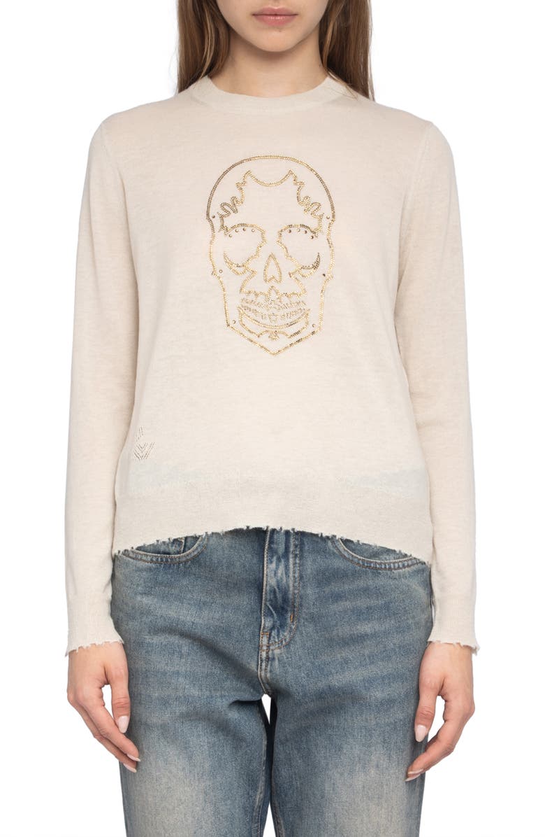 Zadig & Voltaire West Strass Rhinestone Skull Cashmere Sweater, Main, color,