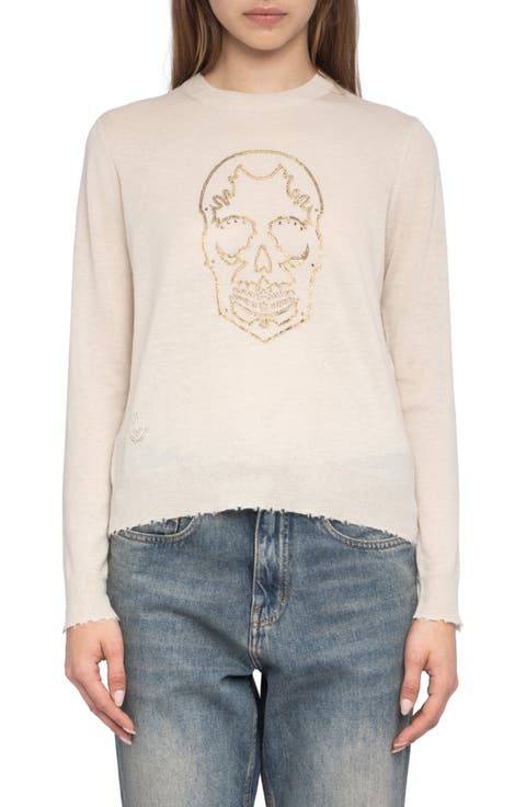 West Strass Rhinestone Skull Cashmere Sweater
