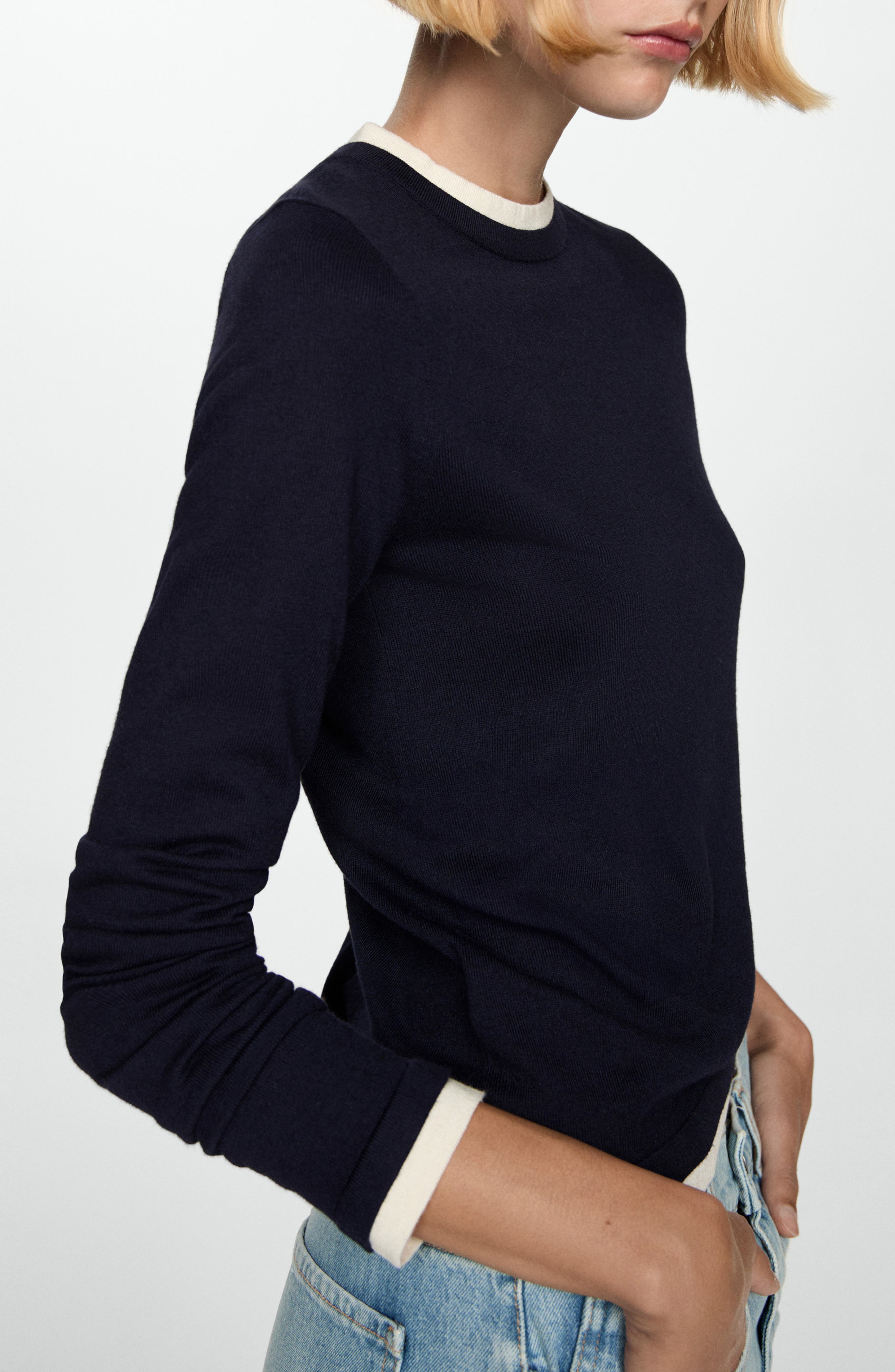 MANGO Contrast Trim Sweater in Dark Navy 