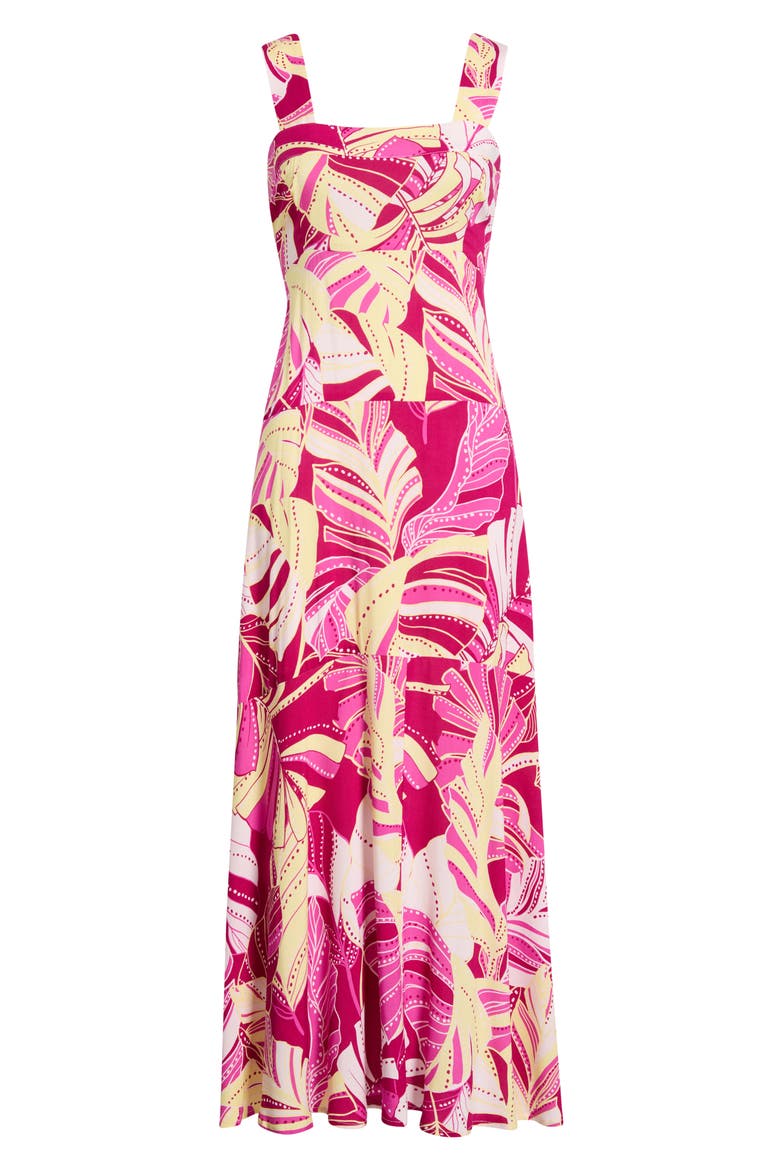 Palm Print Tiered Maxi Dress, Alternate, color, DEEP SANGRIA