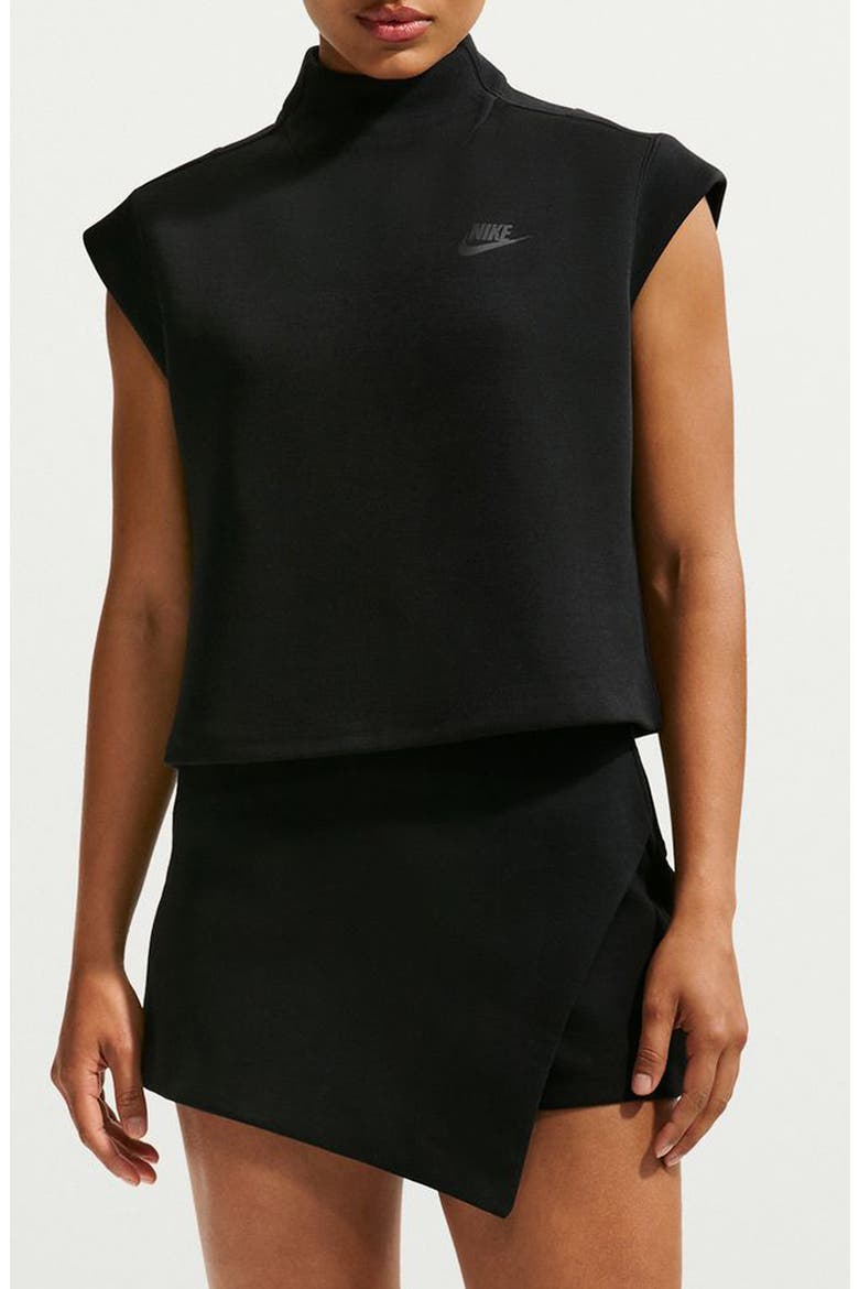Crop Cap Sleeve Cotton Blend Tech Fleece Top, Main, color, BLACK/ BLACK