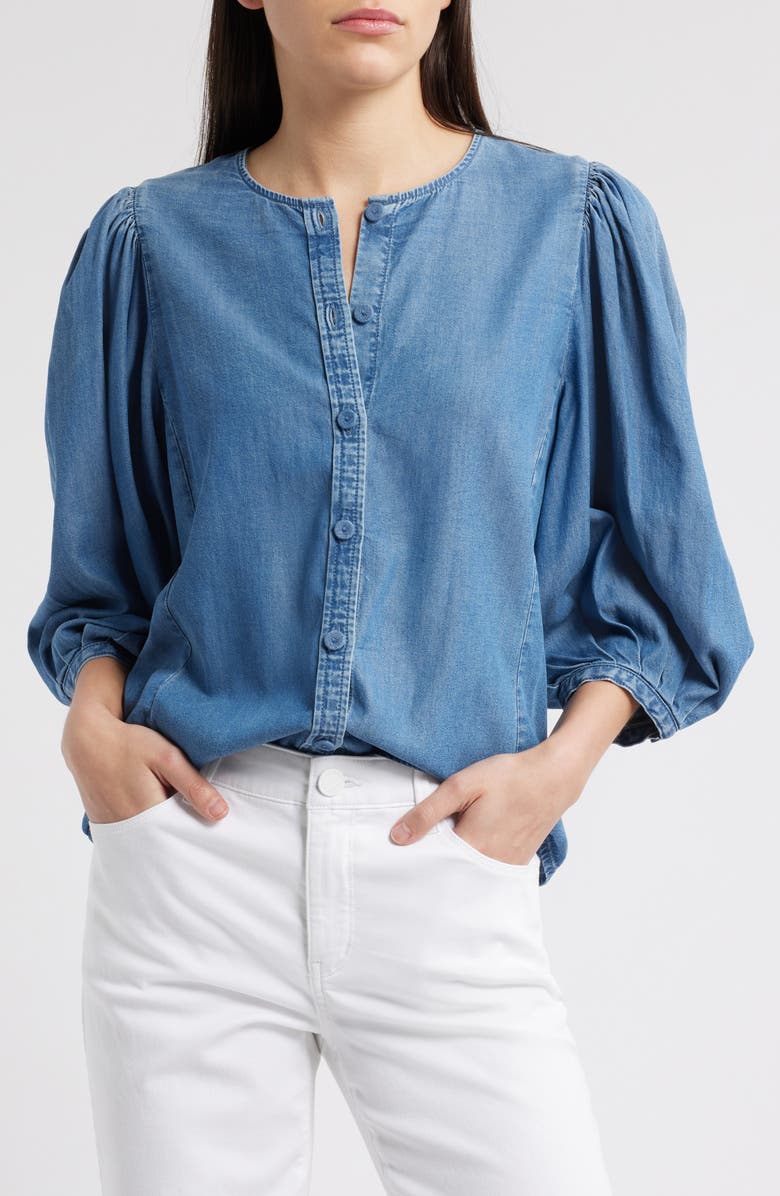 Madewell Puff Sleeve Denim Button-Up Top, Main, color, Kennebec Wash
