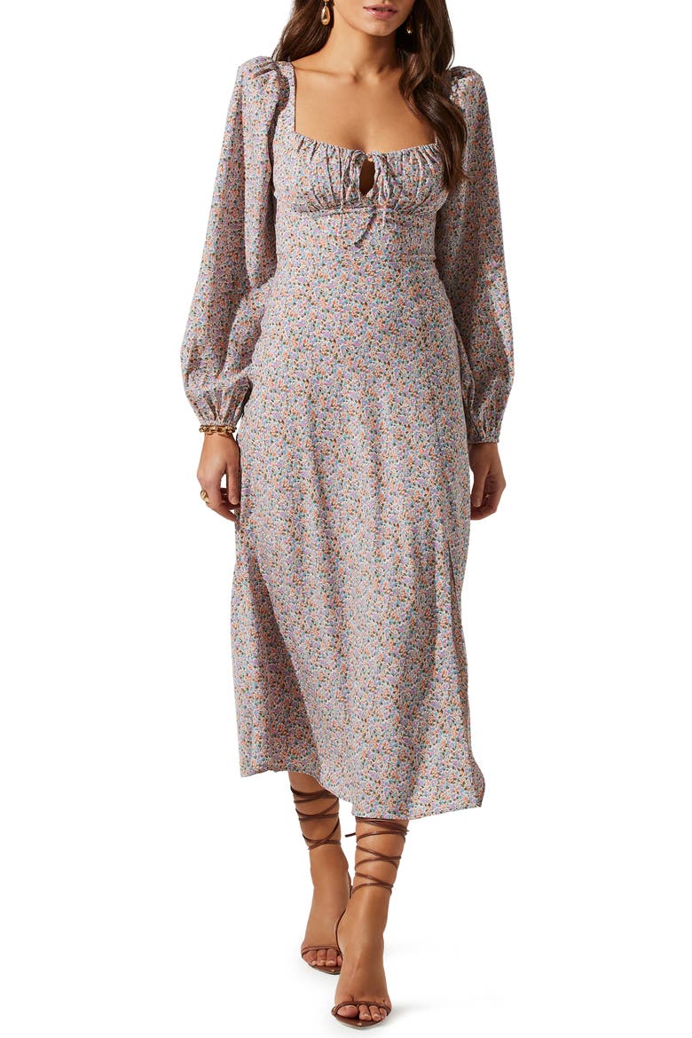 Floral Print Long Sleeve Back Cutout Midi Dress, Main, color, BLUE ORANGE DITSY