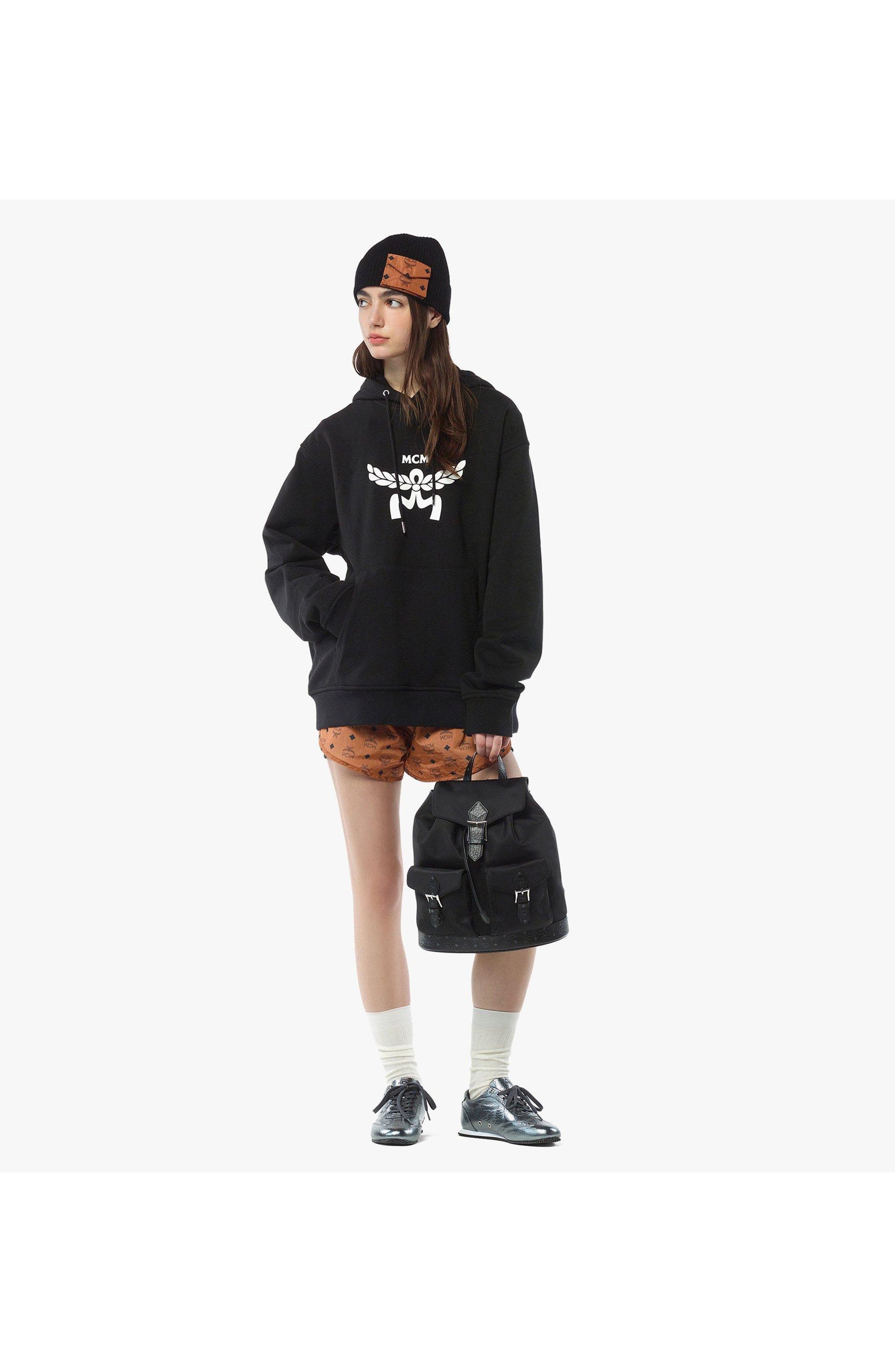 MCM Small Aren Drawstring Backpack in ECONYL and Leather, Alternate, color, Black