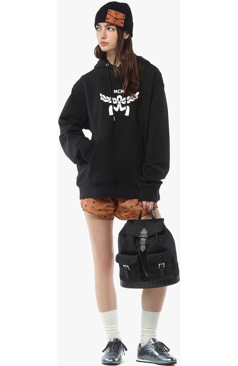 MCM Small Aren Drawstring Backpack in ECONYL and Leather, Alternate, color, Black