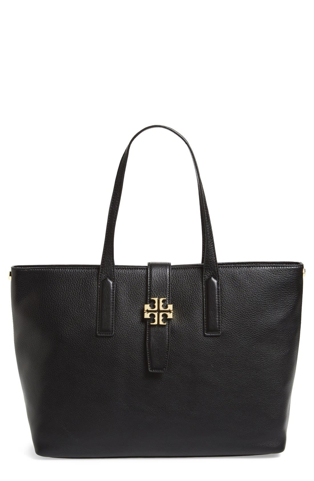 Tory Burch 'Plaque' Leather Tote, Main, color, 