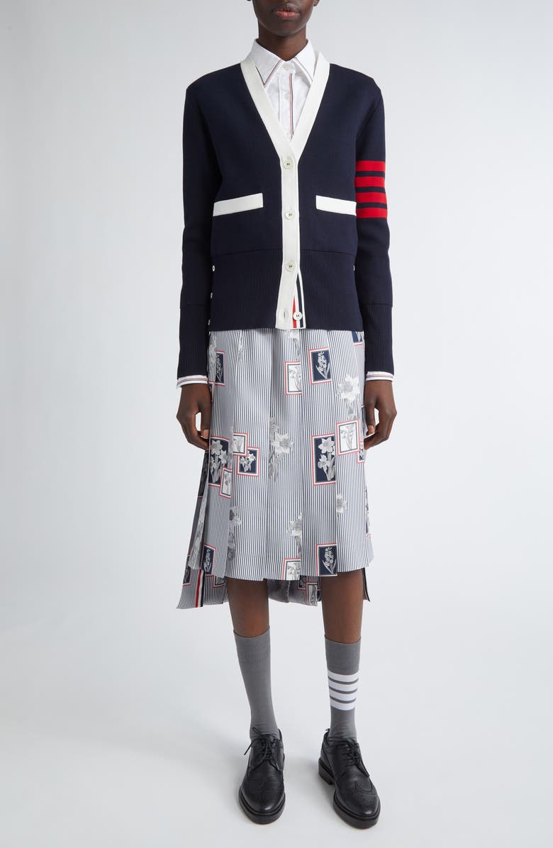 Thom Browne 4-Bar Contrast Trim Cotton Cardigan, Alternate, color, Navy