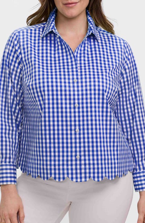 Scarlett Gingham Scallop Hem Button-Up Shirt (Plus)