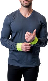 Maceoo Edison Neoncuff Blue V-Neck Long Sleeve T-Shirt