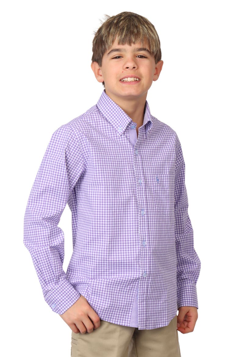 Kids' Micro Gingham Stretch Cotton Button-Up Shirt, Main, color, PURPLE