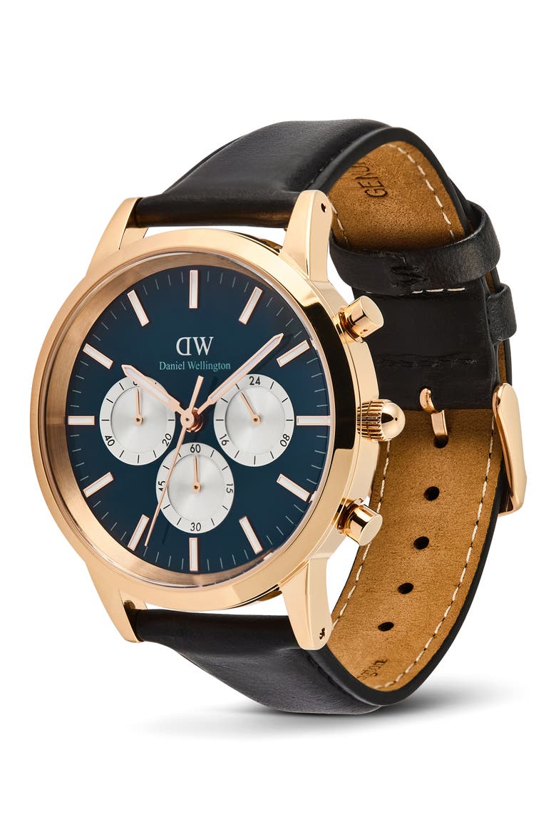 Iconic Chronograph Leather Strap Watch, 42mm, Alternate, color, ROSE GOLD