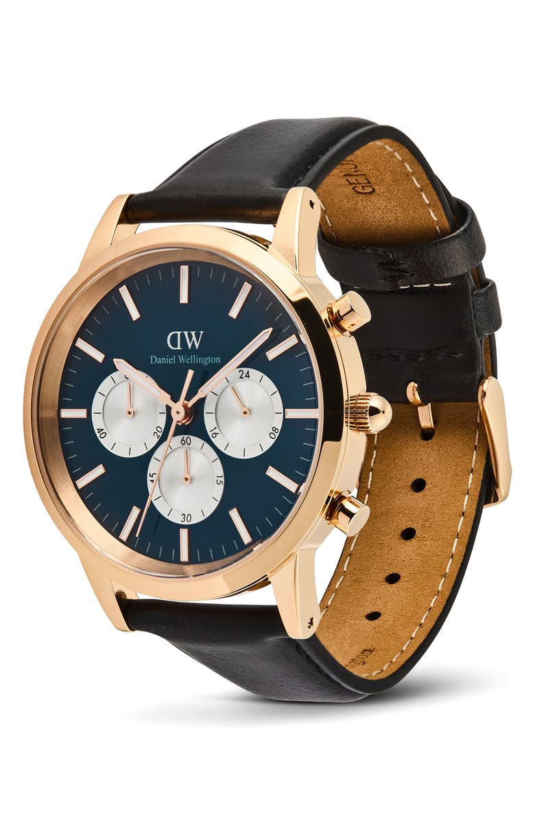 Daniel Wellington Iconic Chronograph Leather Strap Watch, 42mm, Alternate, color, Rose Gold