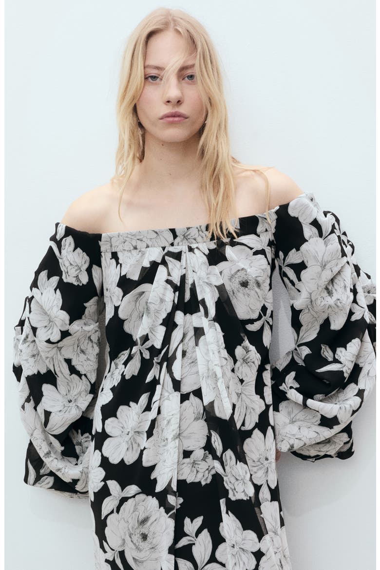 Floral Off the Shoulder Long Sleeve Maxi Dress, Alternate, color, BLACK