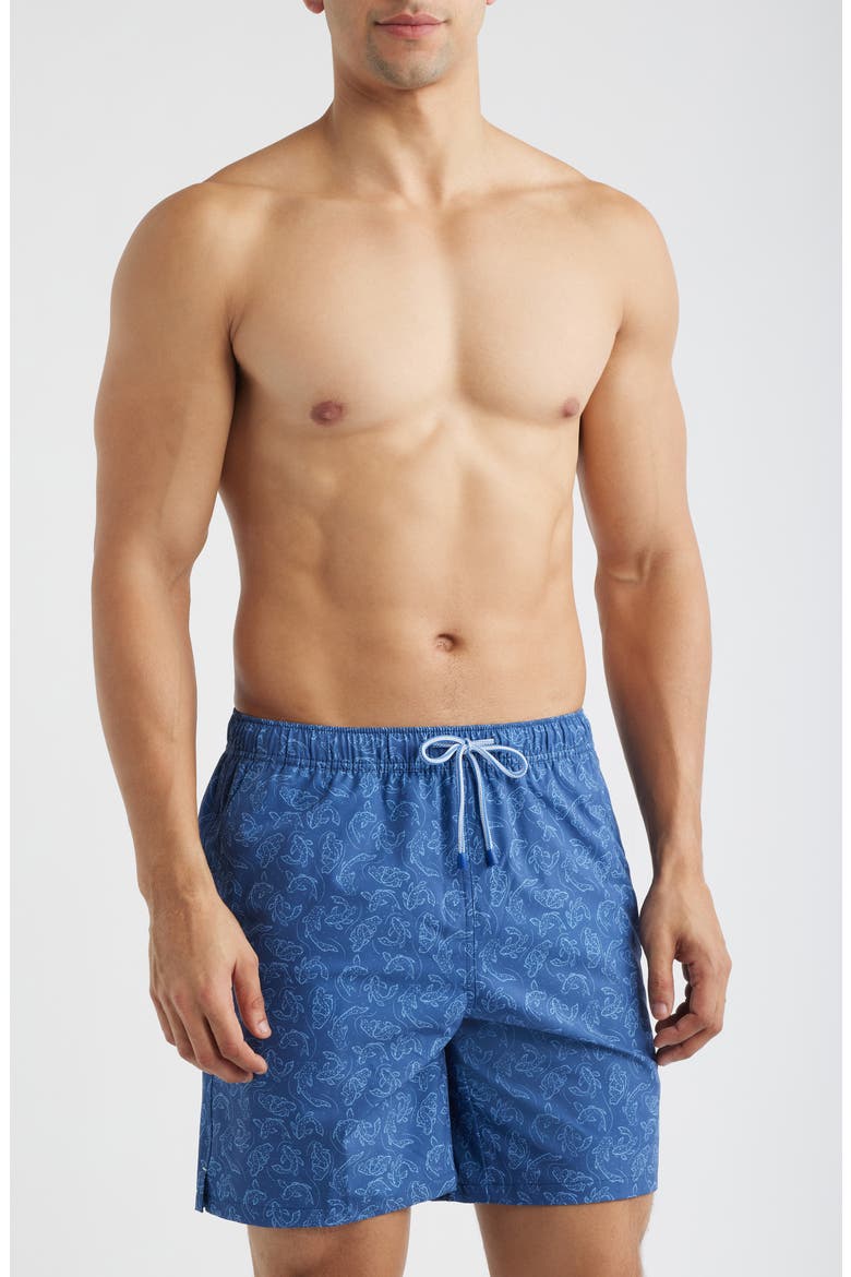 Pond Wander Koi Print Swim Trunks, Main, color, WINDSOR BLUE