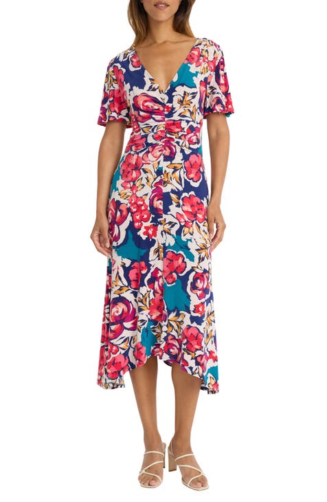 Floral Short Sleeve Ruched Jersey Midi Dress