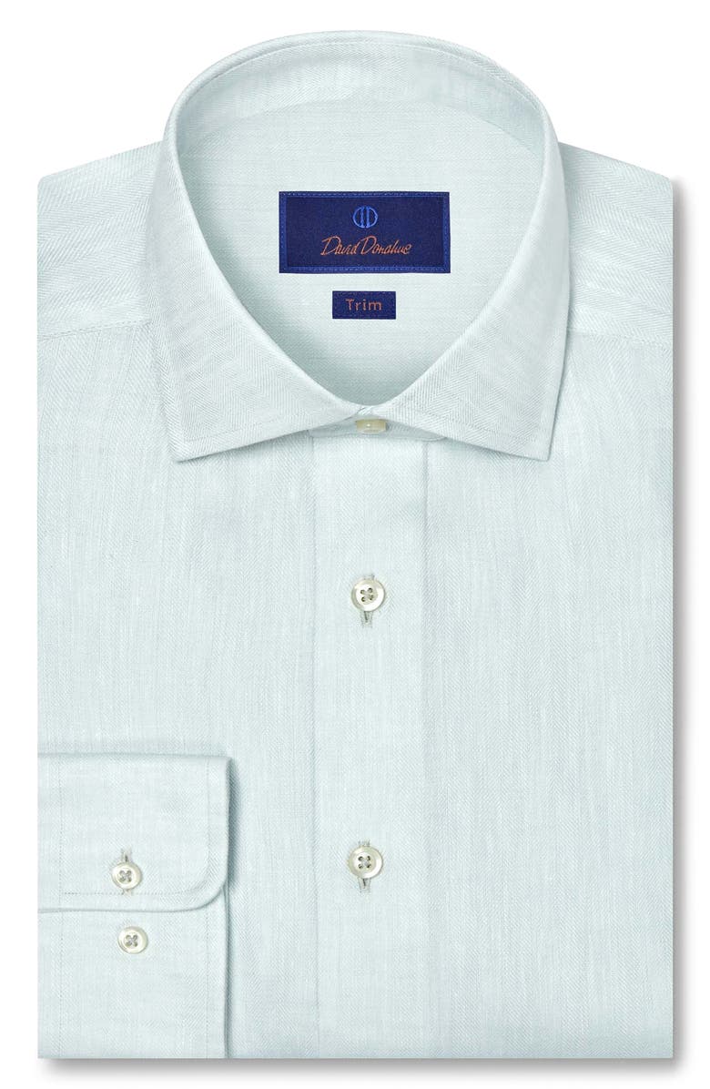 David Donahue Trim Fit Linen Herringbone Dress Shirt, Main, color, Mint