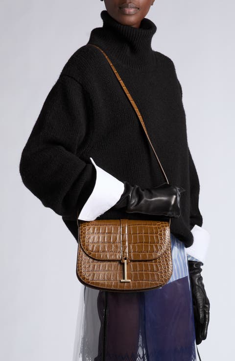 Kara Small Croc Embossed Leather Crossbody Bag