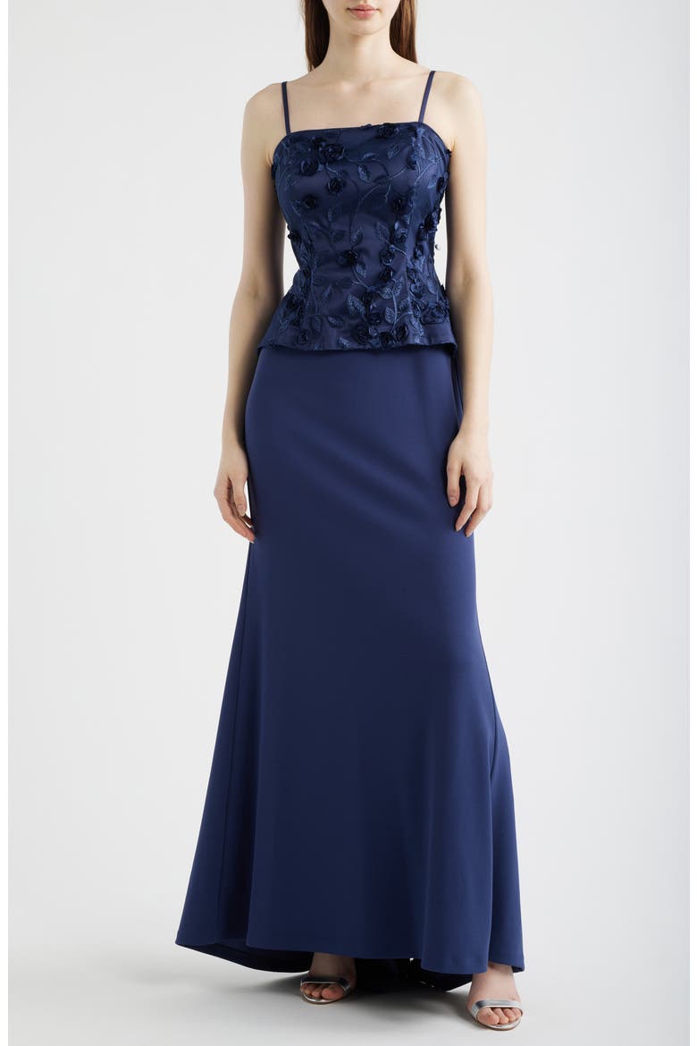 Mixed Media Floral Embroidery Gown, Alternate, color, NAVY