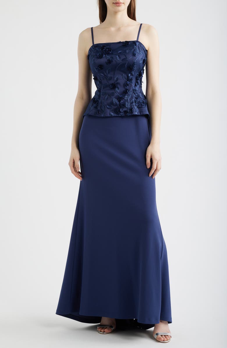 Eliza J Mixed Media Floral Embroidery Gown, Alternate, color, Navy
