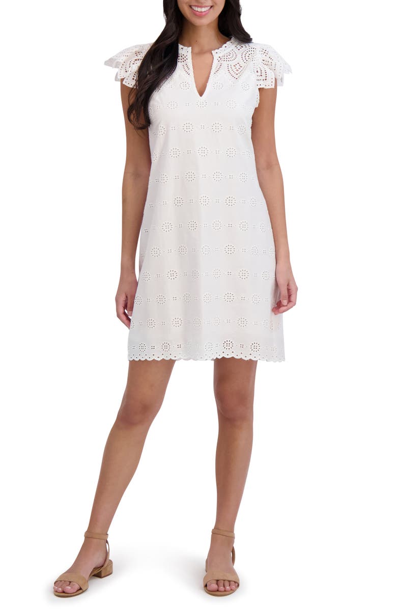 London Times Ruffle Cap Sleeve Embroidered Eyelet Cotton Shift Dress, Main, color, 