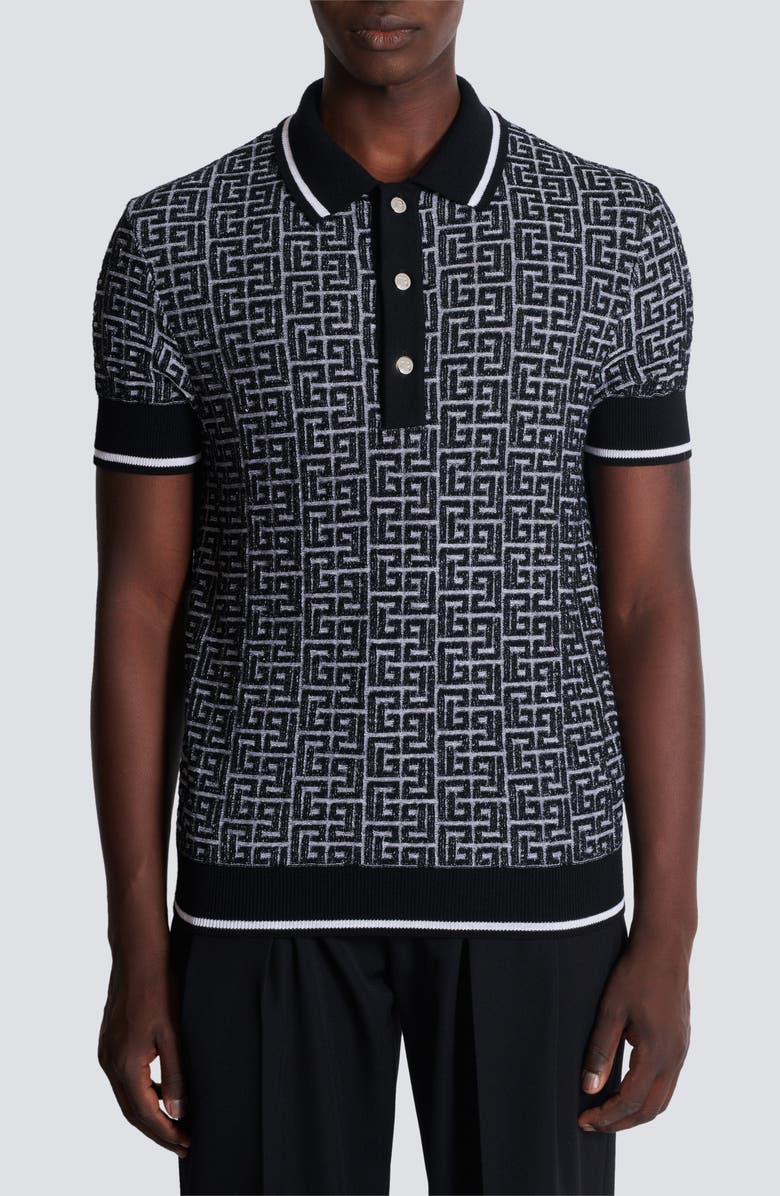 Balmain Monogram Jacquard Merino Wool Polo Sweater, Main, color, Gab White/ Black