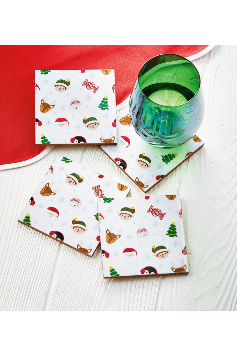 Christmas Holiday Cheer Bar Coaster Set 4 Multi MDF Enamel 4x4x0.25 in, Alternate, color, White