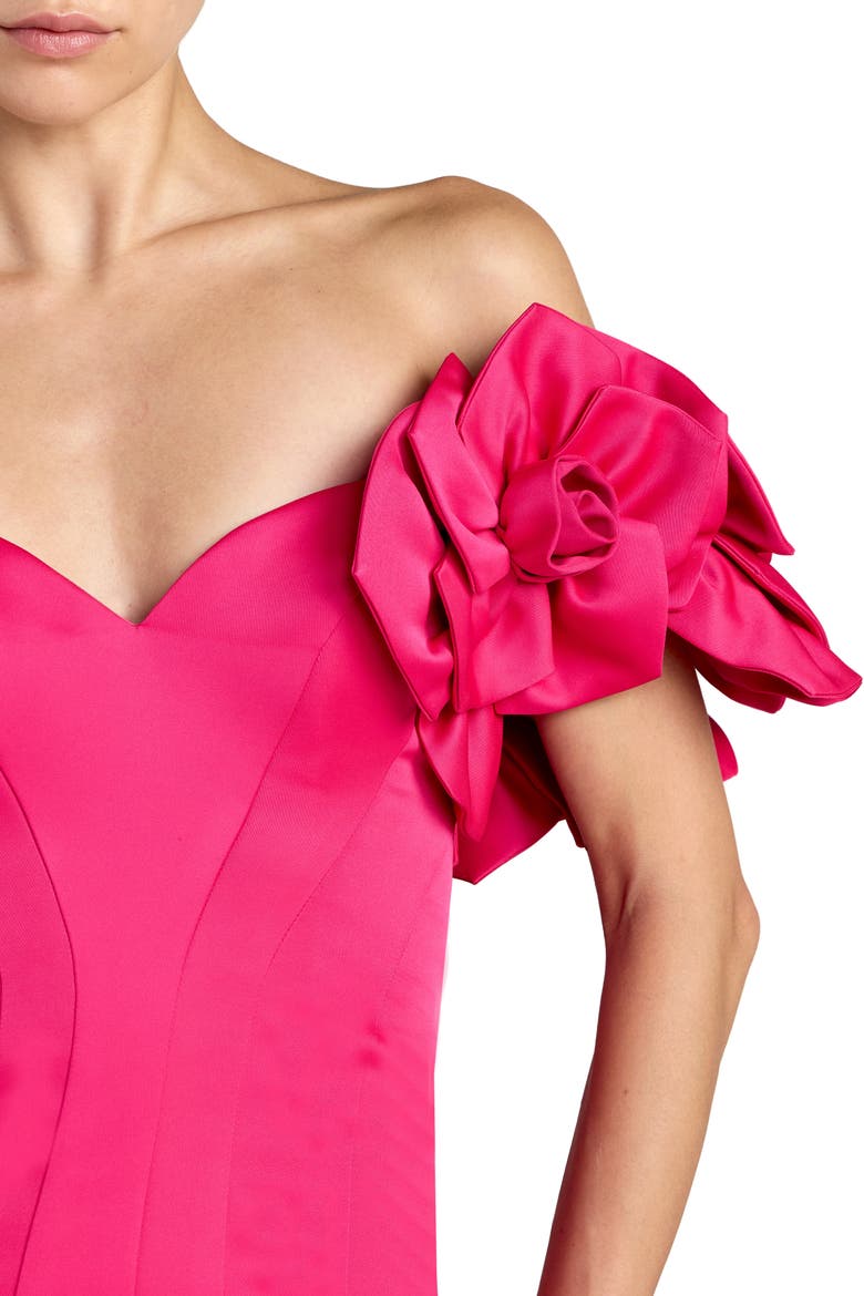 Satin Off The Shoulder Floral Detail Trumpet Gown, Alternate, color, Hot Pink