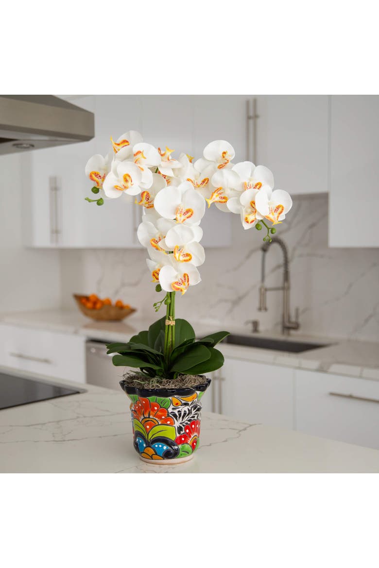 27-in Artificial Triple Orchid Arrangement in Handmade Mexican Talavera Ceramic Planter, Alternate, color, Green